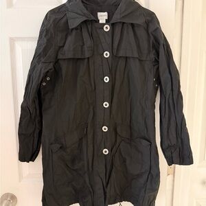Chico's Coat Black Knee Length
Collared Zip Button Pockets Lined Sz 2 (Medium)